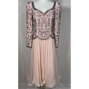 Vintage Lillie Rubin Dress Beaded Sequin Long Sleeve 6 Pink Embellished Ruffle